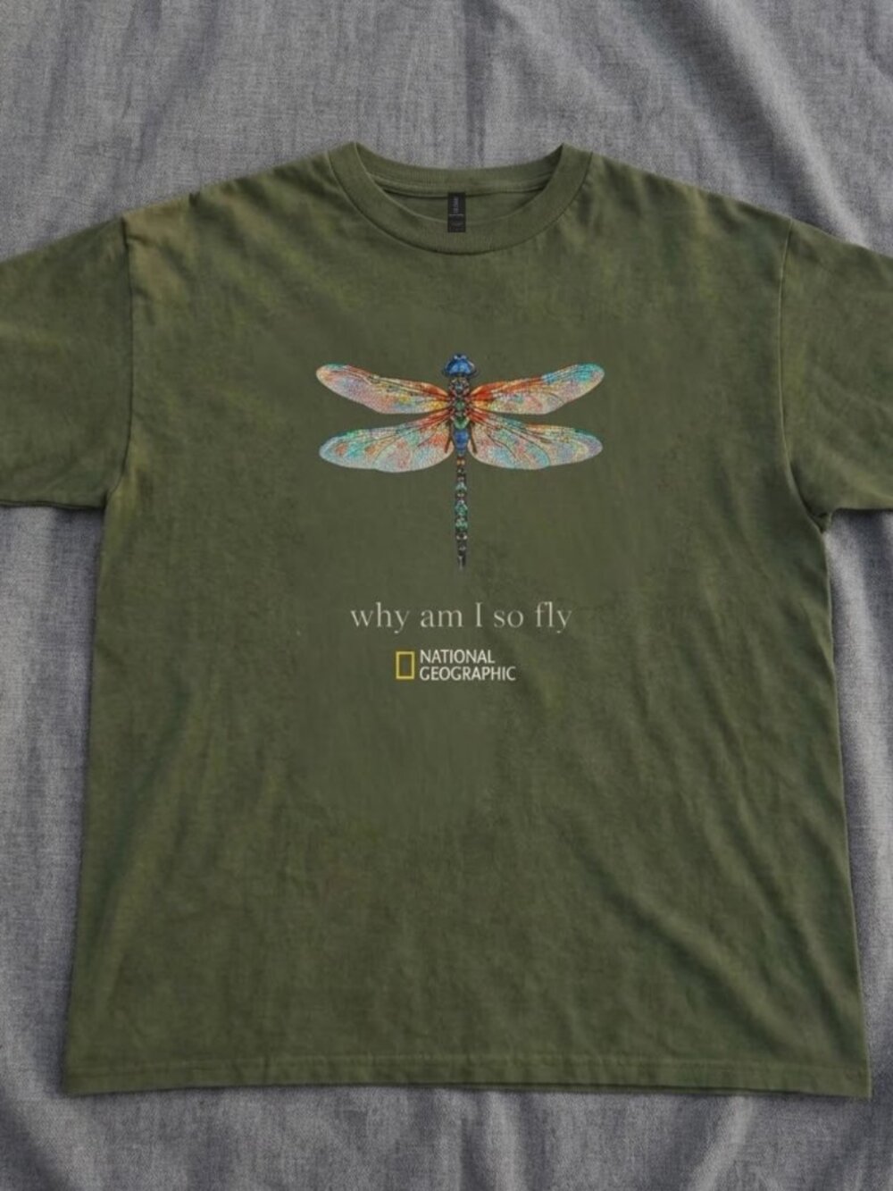 National Geographic Dragonfly Graphic T-Shirt Olive Green Vintage Style